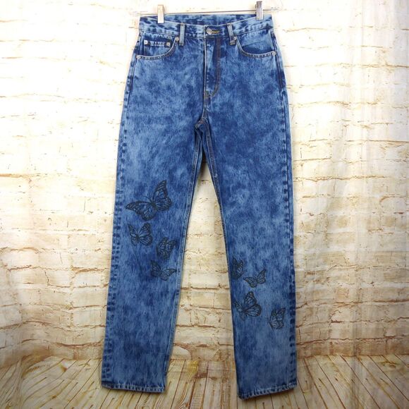 X-Girl Jeans Women M Blue Acid Wash Butterfly Print Straight Leg Kim Gordon Rock - Picture 1 of 16